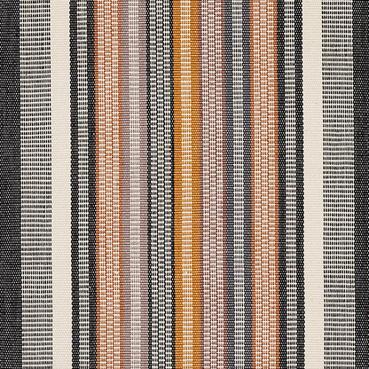 Woven striped textile with vertical black, beige, tan, rust, orange and grey stripes; rustic modern rug.