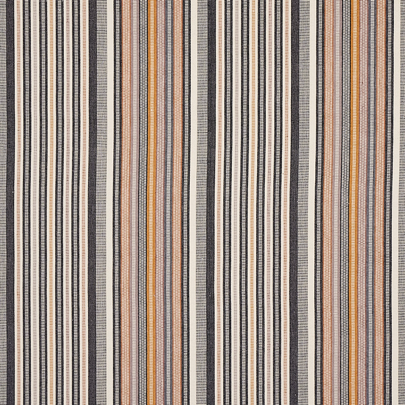 Rectangular woven rug with vertical stripes in black, charcoal, grey and warm orange-beige for a casual contemporary look.