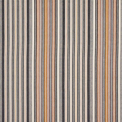 Rectangular woven rug with vertical stripes in black, charcoal, grey and warm orange-beige for a casual contemporary look.