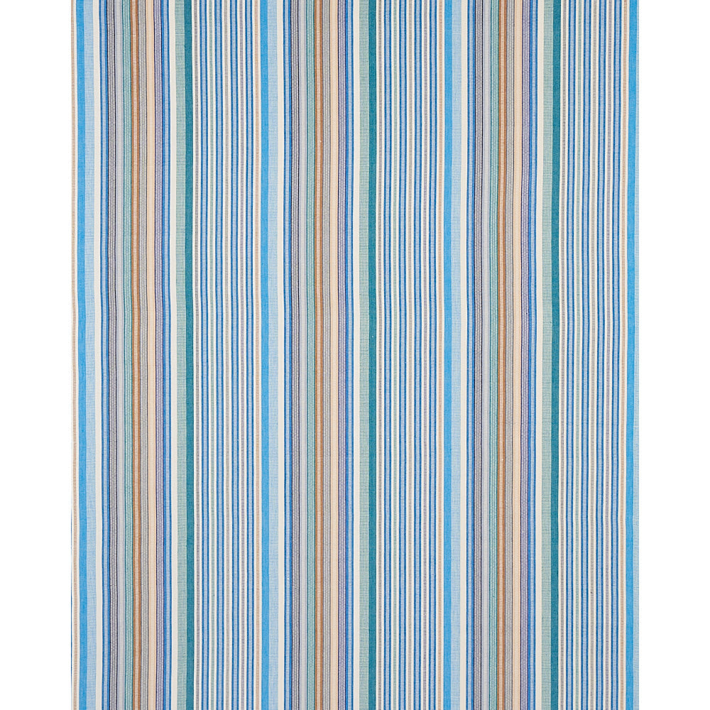 Vertical striped rug in blues, teals, beige and white; rectangular textile for living room decor.