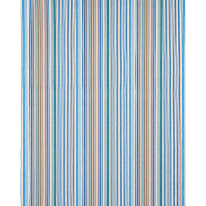 Vertical striped rug in blues, teals, beige and white; rectangular textile for living room decor.