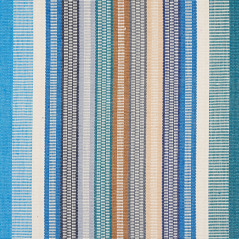 Multicolor vertical striped woven fabric in blues, teals, beige and brown; textile swatch for upholstery or apparel.