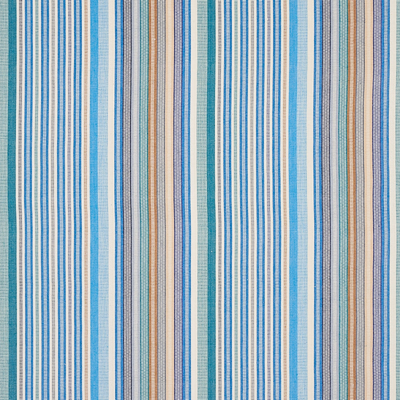 Vertical striped woven fabric in blues, teals, beige and gray tones; nautical, lightweight textile for curtains, pillows.
