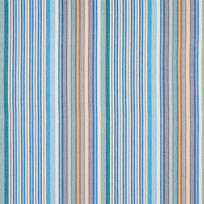 Vertical striped woven fabric in blues, teals, beige and gray tones; nautical, lightweight textile for curtains, pillows.
