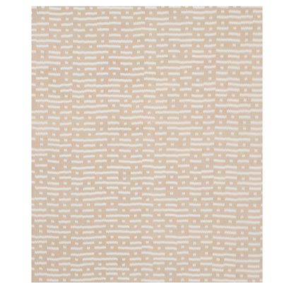 Beige flat-weave area rug with white dash motifs in a modern geometric pattern.