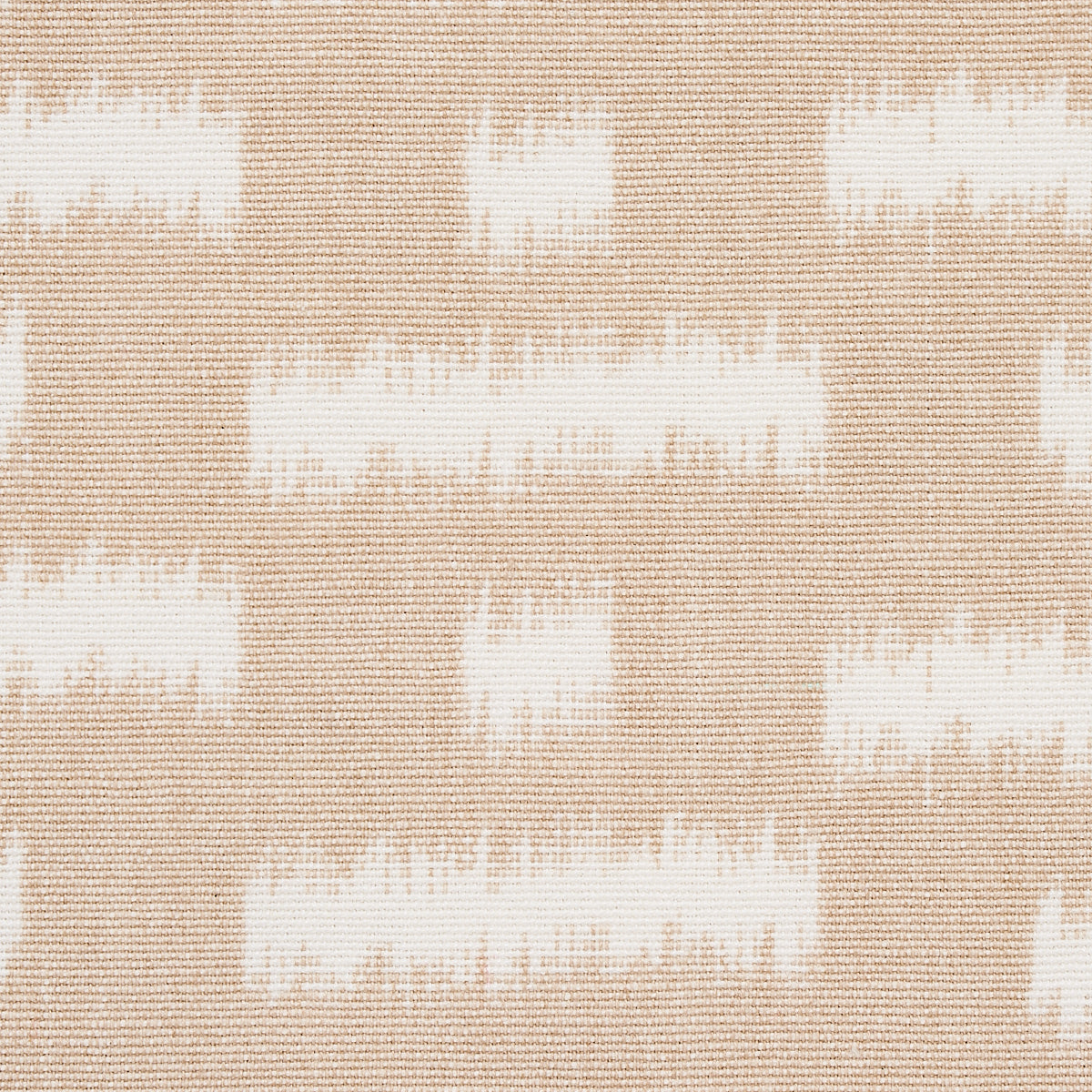Beige woven fabric with white geometric block pattern; versatile upholstery or drapery textile.