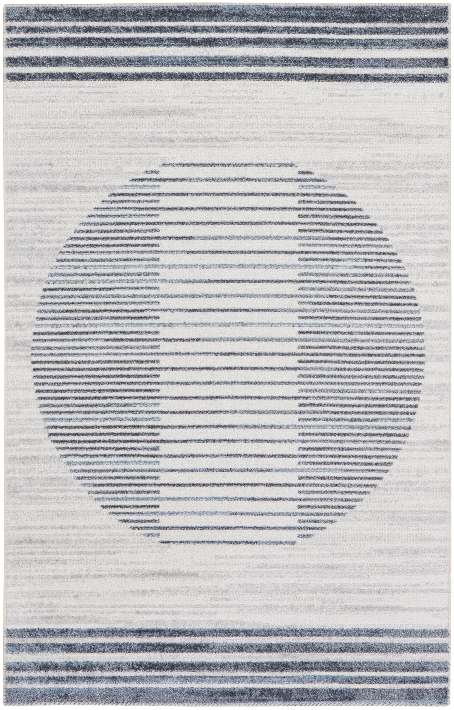 Beige rug with a navy striped circle motif and blue top and bottom border stripes; contemporary geometric design.
