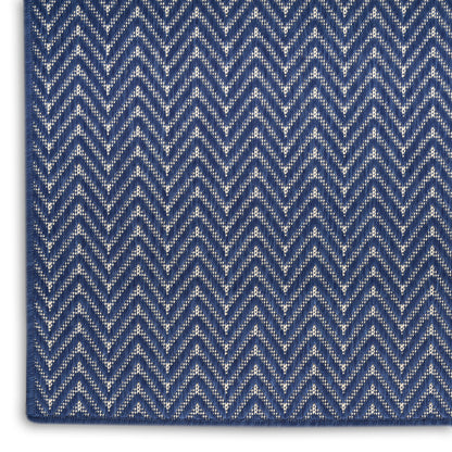 Blue and white chevron zigzag rug with a navy background, textured woven fabric.