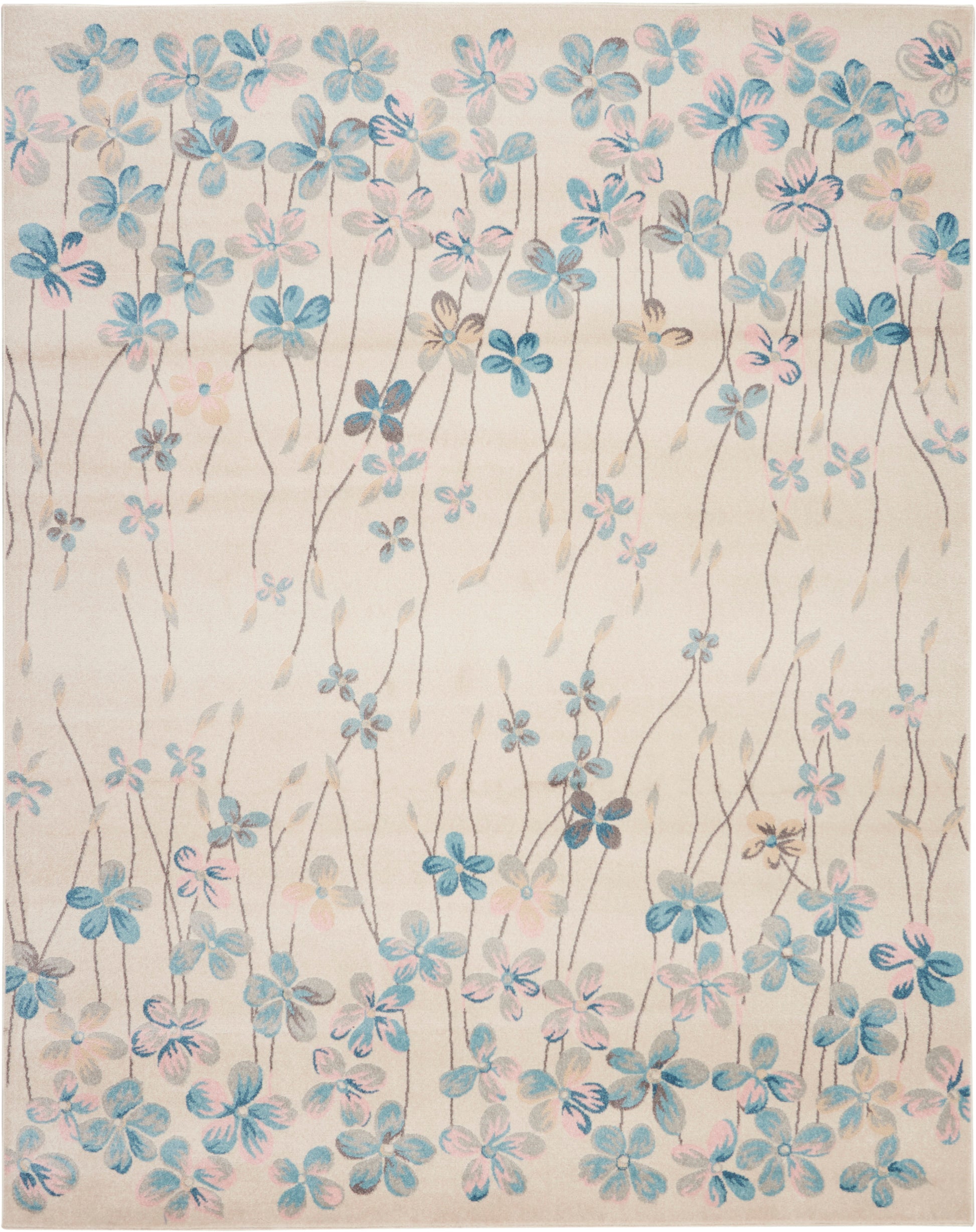 Cream rug with blue and pale pink floral vines and long slender brown stems in a watercolor-style pattern.
