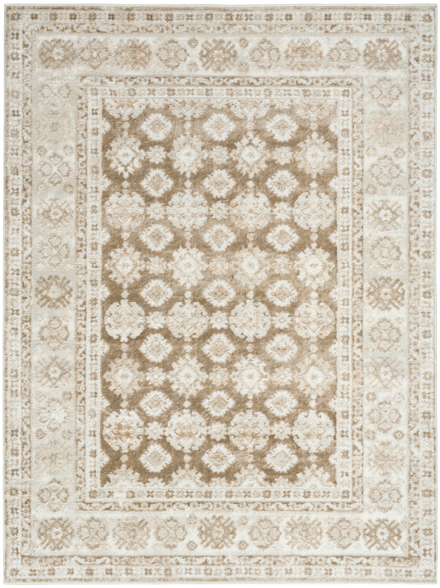 Beige and brown oriental area rug with repeating floral medallions and ornate border.