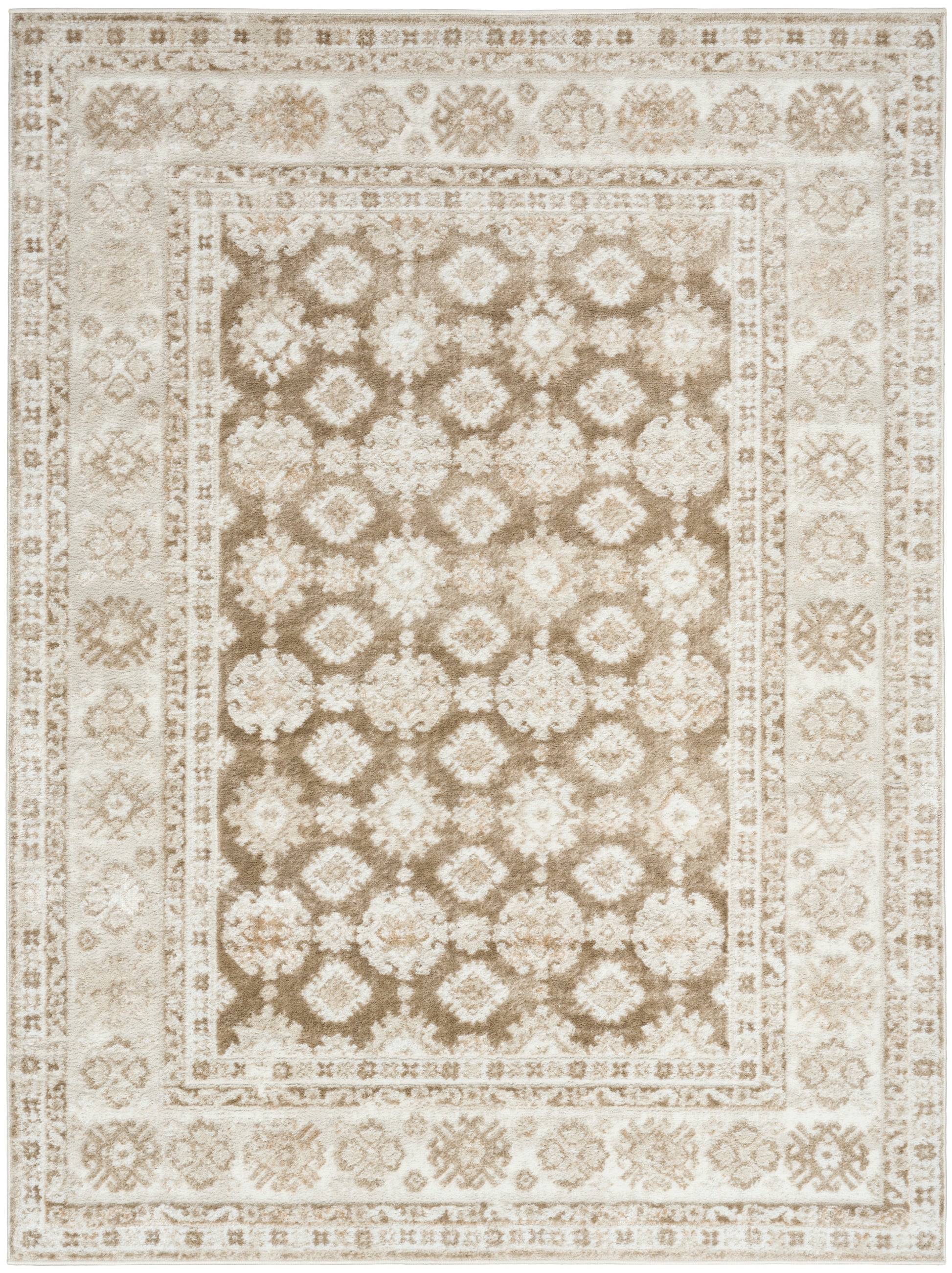 Beige and brown oriental area rug with repeating floral medallions and ornate border.