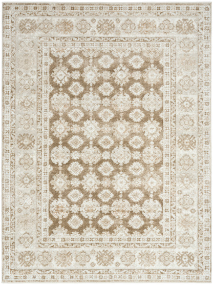 Beige and brown oriental area rug with repeating floral medallions and ornate border.