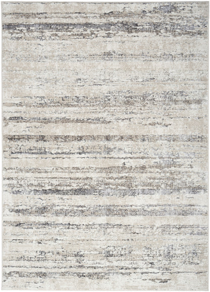 Neutral ivory, beige and gray abstract striped area rug with a distressed, washed look.