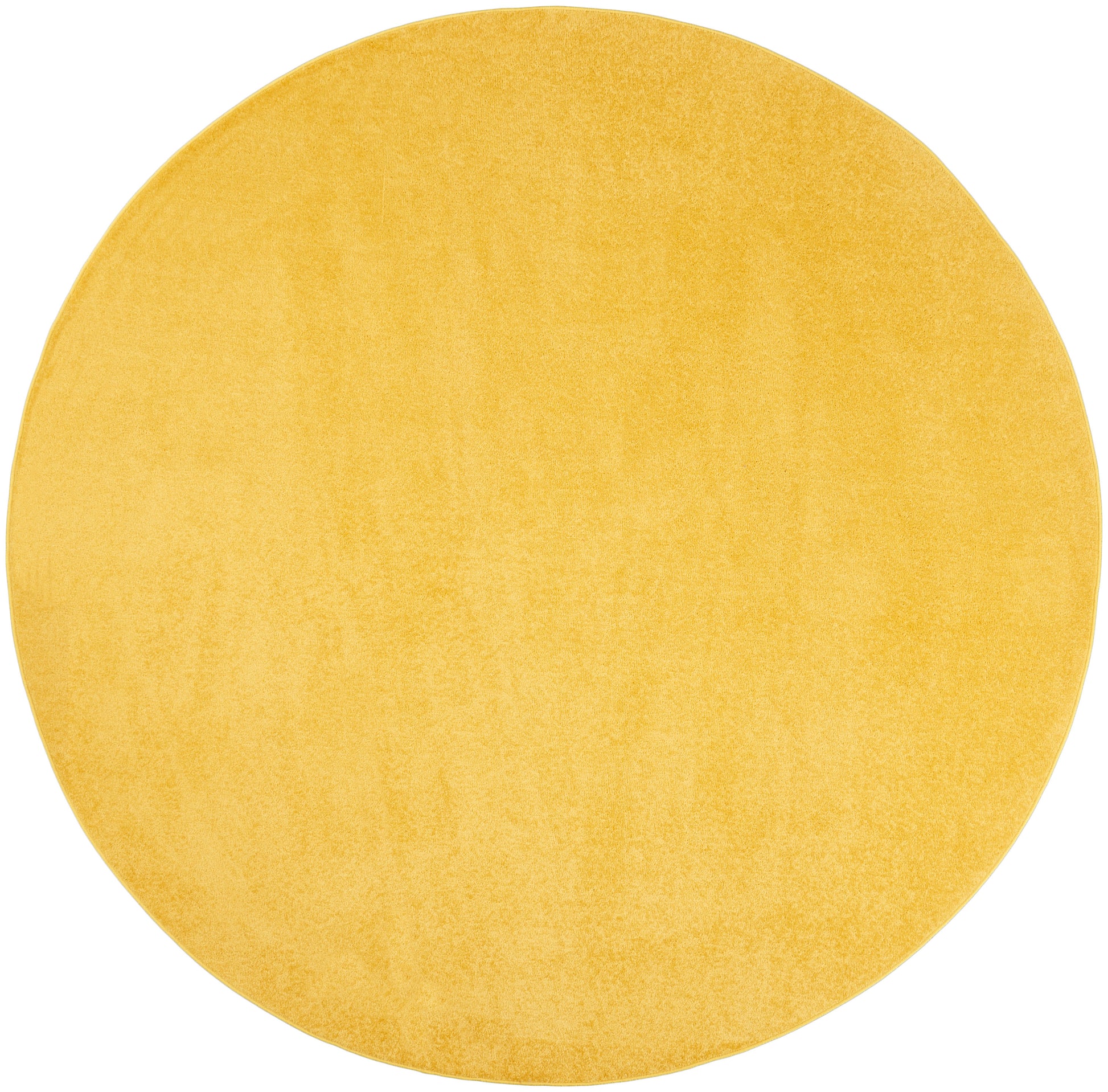 Round outdoor rug, 8' diameter, yellow with a soft suede-like texture.