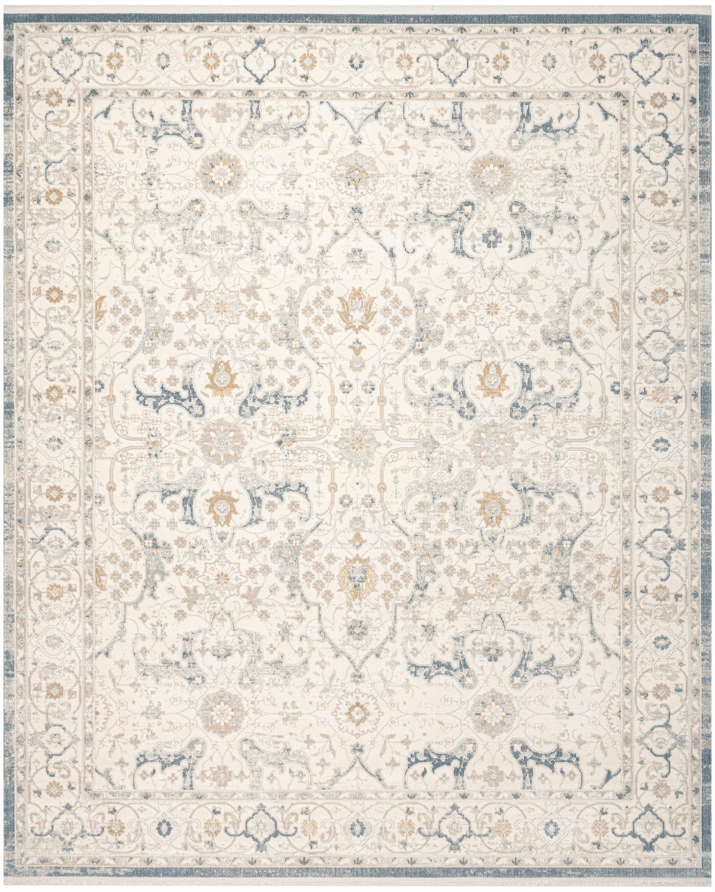Cream and ivory rug with blue and beige damask floral motifs, intricate central medallions, soft vintage-inspired border.