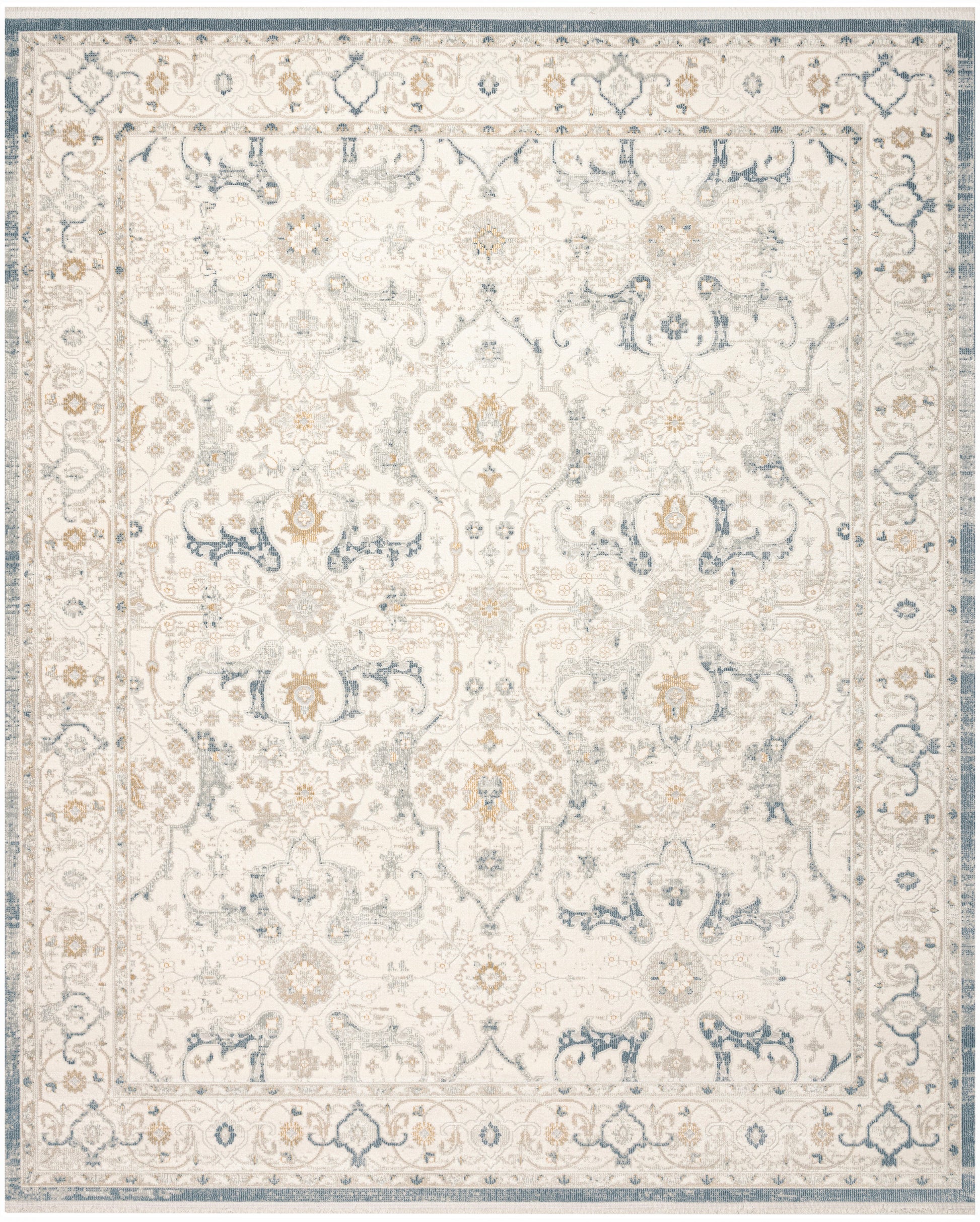 Cream and ivory rug with blue and beige damask floral motifs, intricate central medallions, soft vintage-inspired border.