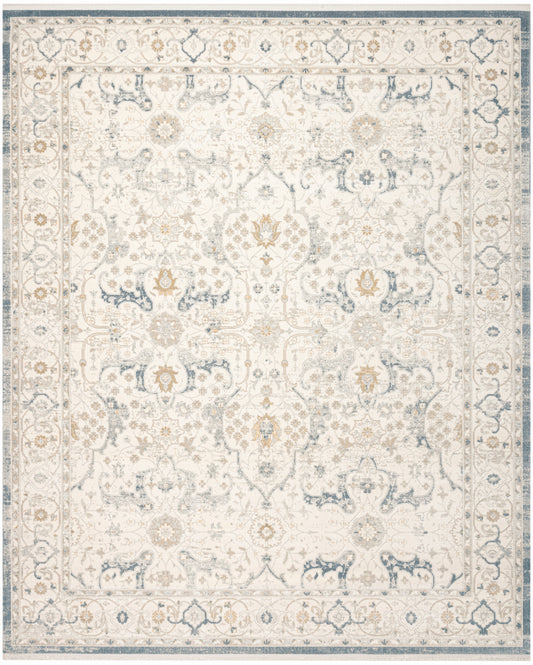 Cream and ivory rug with blue and beige damask floral motifs, intricate central medallions, soft vintage-inspired border.