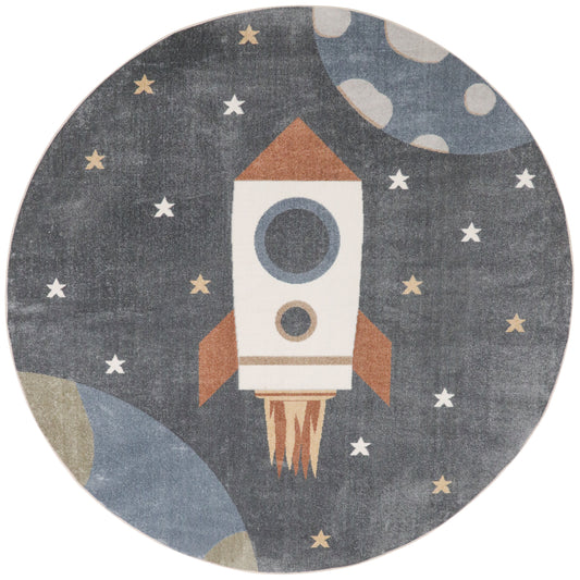 Round rug with space theme: navy starry background, white rocket with orange fins and blue window, orbiting planets.