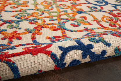 Close-up of a colorful ornate rug with blue, red, orange and green floral scrolls on cream weave, edge on wood floor.