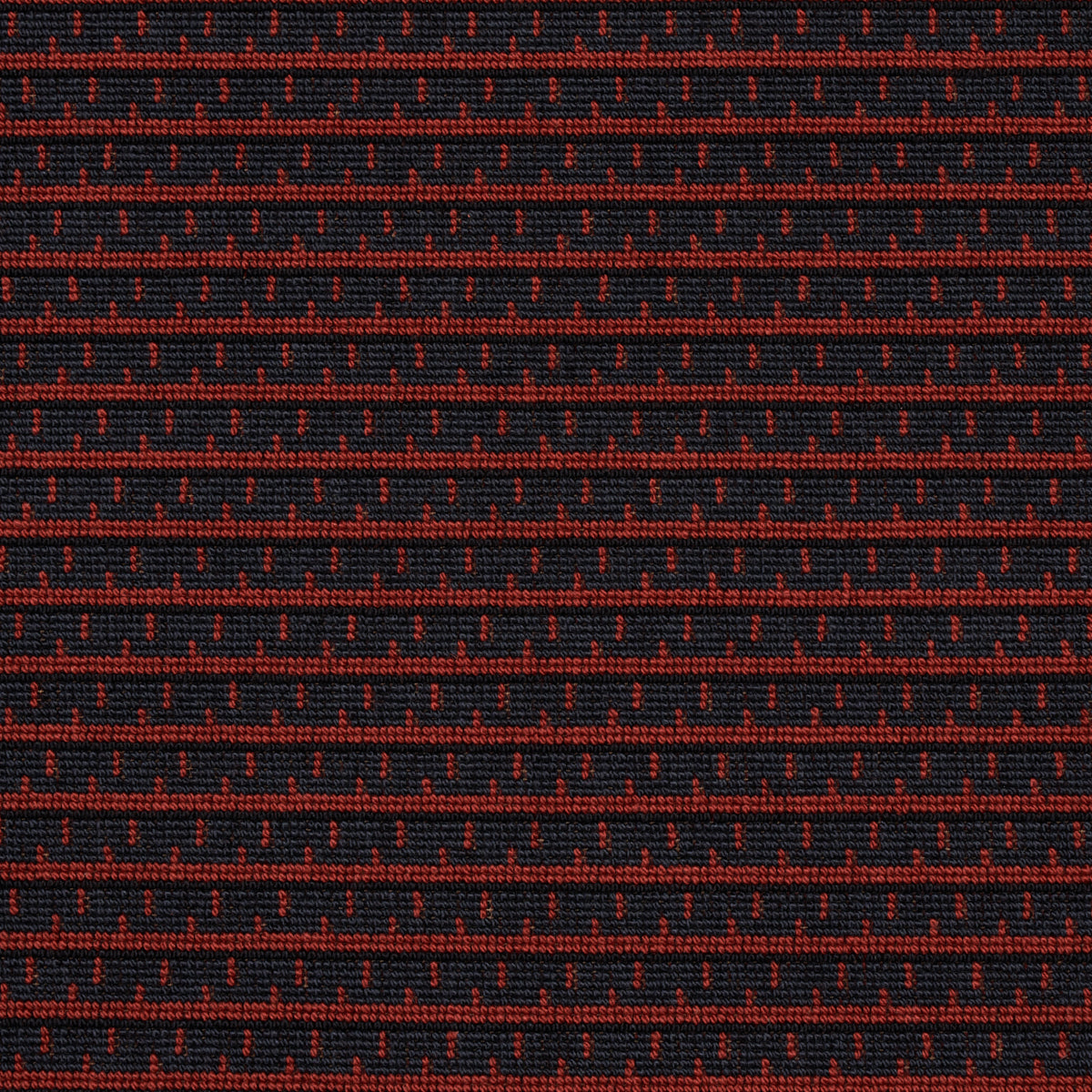 Navy knit fabric with red dotted horizontal stripes; cozy textured textile for apparel or home decor.