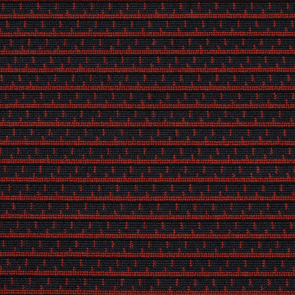 Navy knit fabric with red dotted horizontal stripes; cozy textured textile for apparel or home decor.