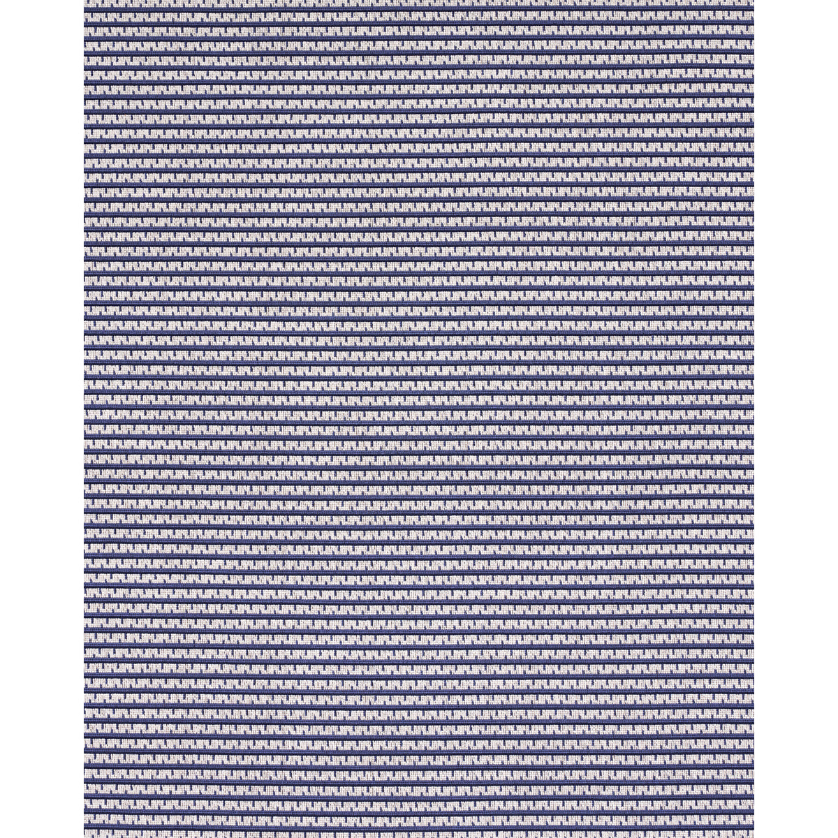 Close-up of navy fabric with a repeating small white chain-like weave; knit texture for upholstery or apparel.