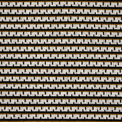 Close-up of white fabric with repeating brown-and-black geometric link pattern in horizontal stripes.