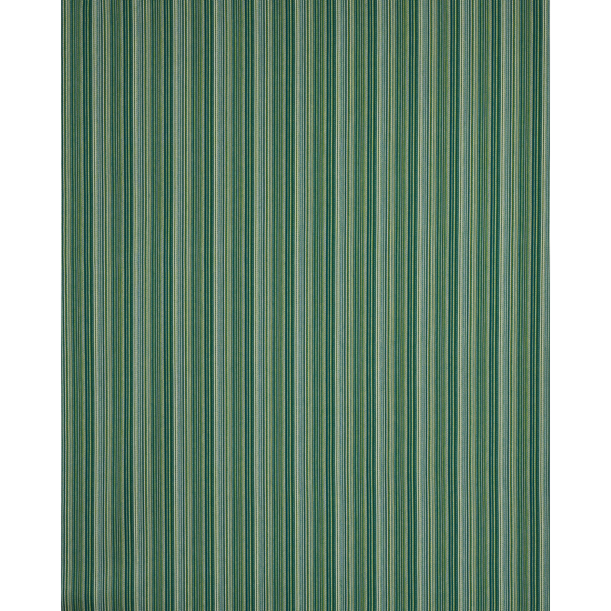 Rectangular rug with narrow vertical stripes in green, teal, blue and beige; contemporary striped textile.