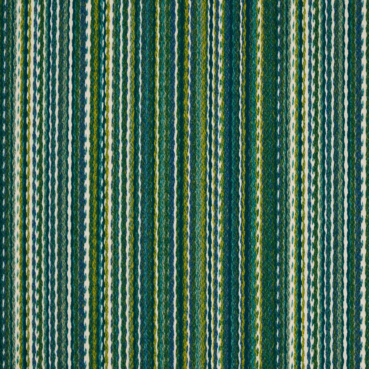 Textured woven fabric with narrow vertical stripes in greens, teal, blue and white; yarn-dyed, striped pattern.
