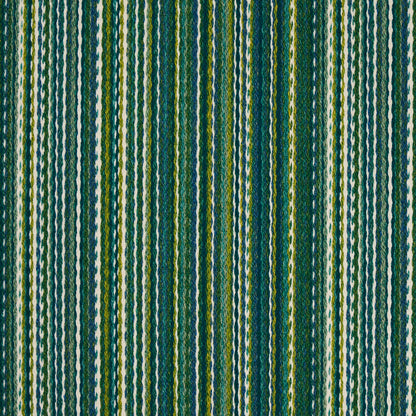 Textured woven fabric with narrow vertical stripes in greens, teal, blue and white; yarn-dyed, striped pattern.