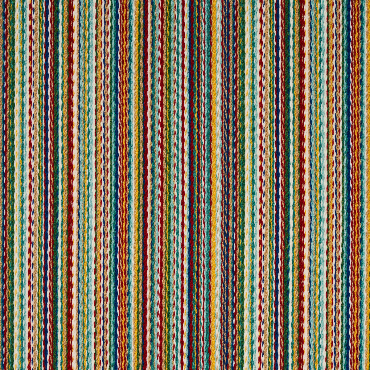 Vertical multicolor striped woven rug with red, blue, green and yellow hues; chunky textured weave, boho rustic style.