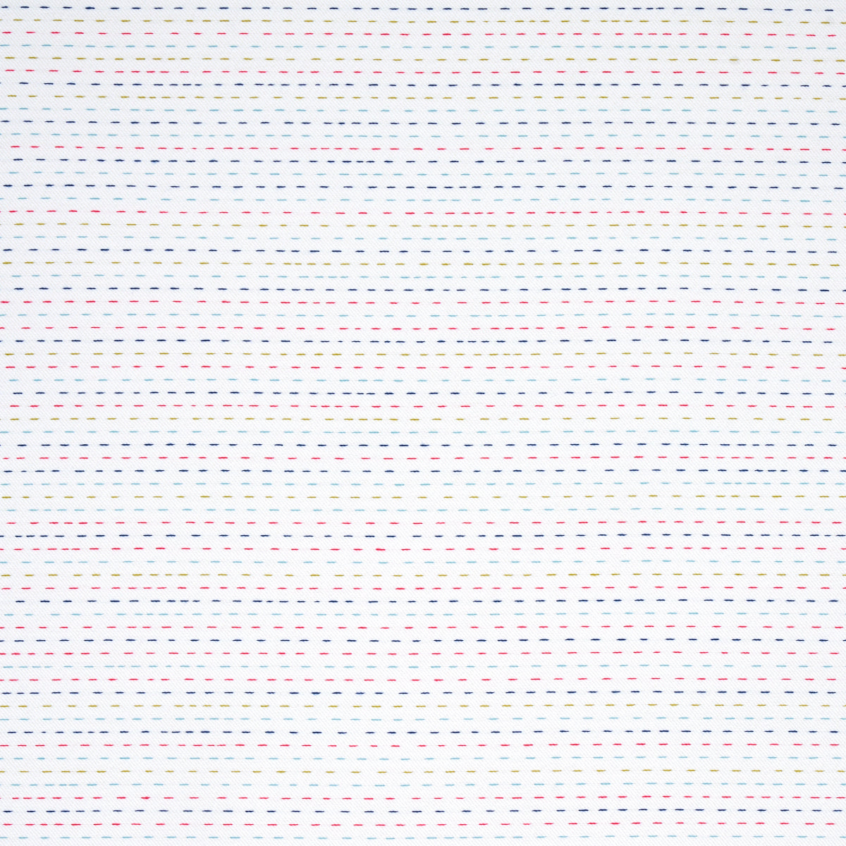 White fabric with tiny multicolor dashed horizontal stripes in blue, red, yellow and green.