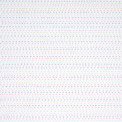 White fabric with tiny multicolor dashed horizontal stripes in blue, red, yellow and green.