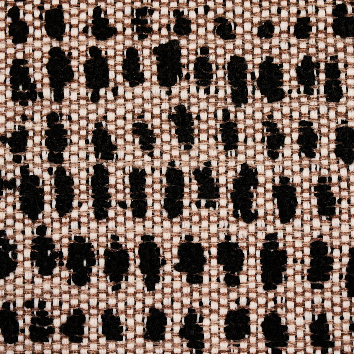 Beige woven fabric with repeating black oval dots in a grid pattern; textured upholstery-style textile.