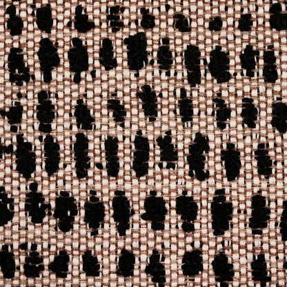 Beige woven fabric with repeating black oval dots in a grid pattern; textured upholstery-style textile.