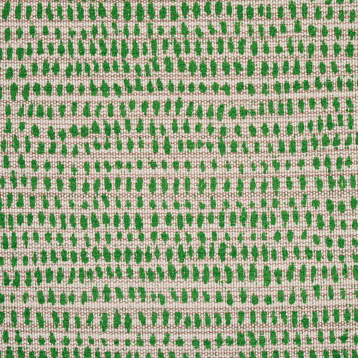 Beige linen-like fabric with emerald green dotted brushstroke pattern in orderly horizontal rows.