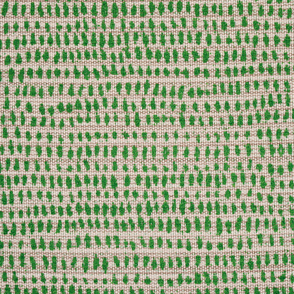 Beige linen-like fabric with emerald green dotted brushstroke pattern in orderly horizontal rows.