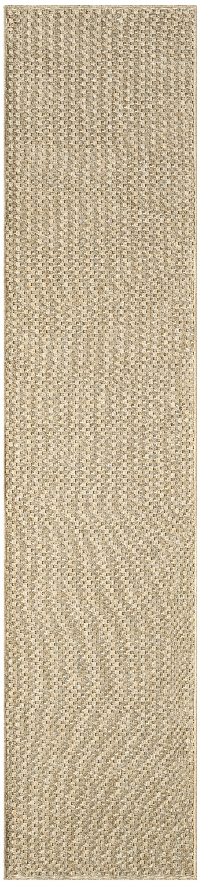 Beige woven rug runner with tight basketweave texture and natural fiber look.
