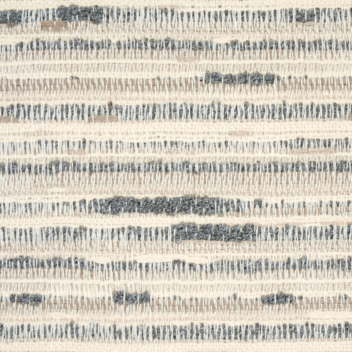 Beige and indigo striped woven rug with looped texture.