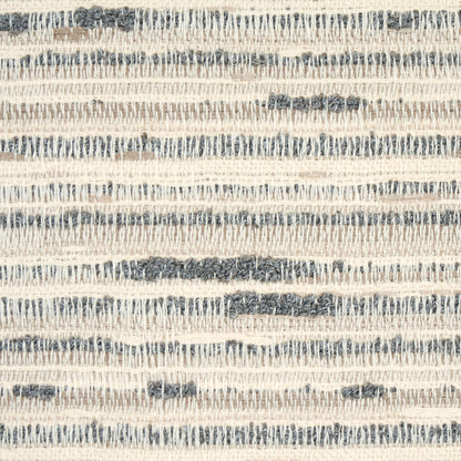 Beige and indigo striped woven rug with looped texture.