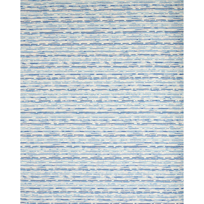 Blue striped rug featuring thin, irregular horizontal lines in light blue and navy on white.