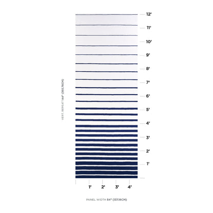 Gradient blue horizontal stripe panel sample fading navy to white, 54" wide with ruler-like height marks.