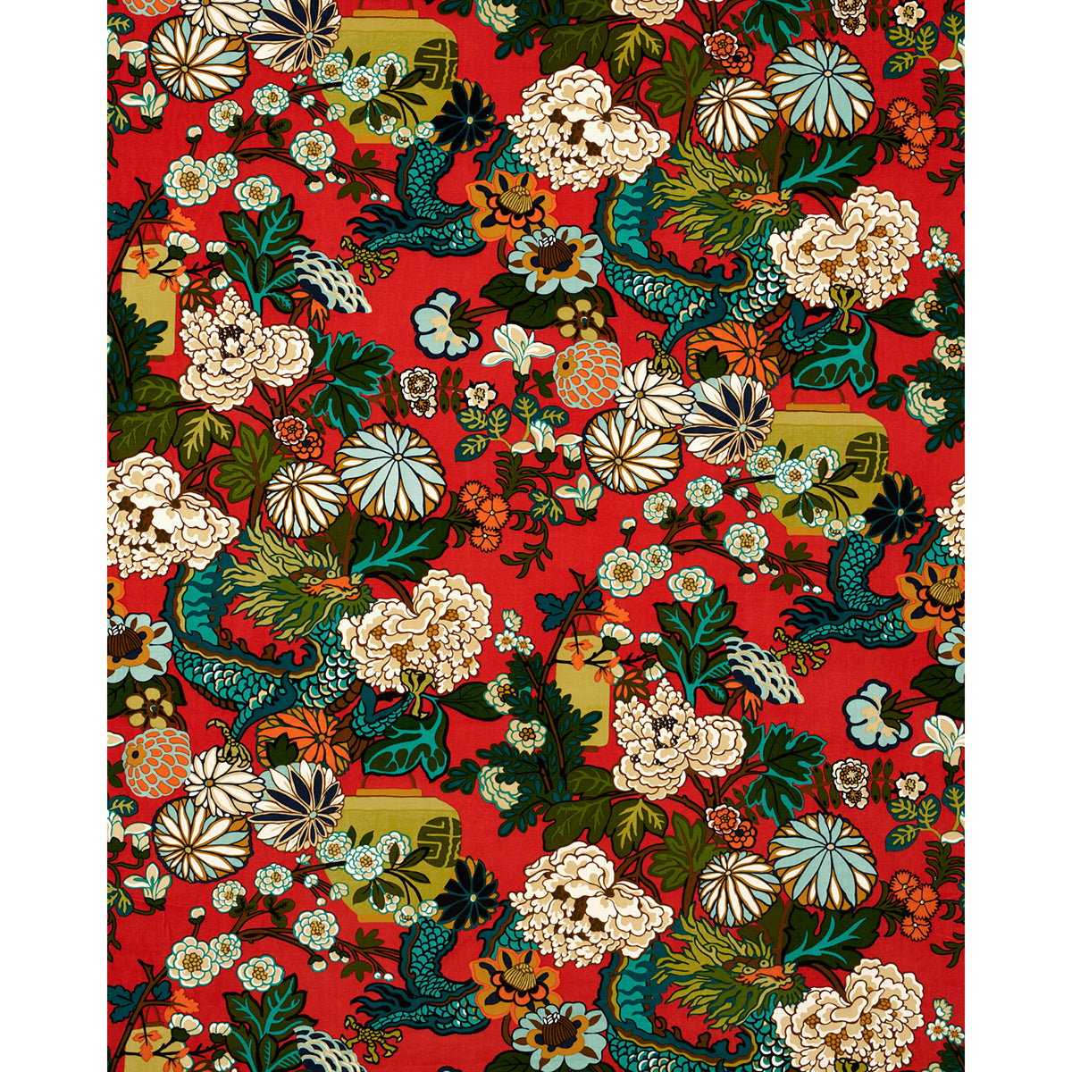 Bold red fabric with multicolor floral print featuring cream, teal, blue and orange blossoms; Asian-inspired textile.