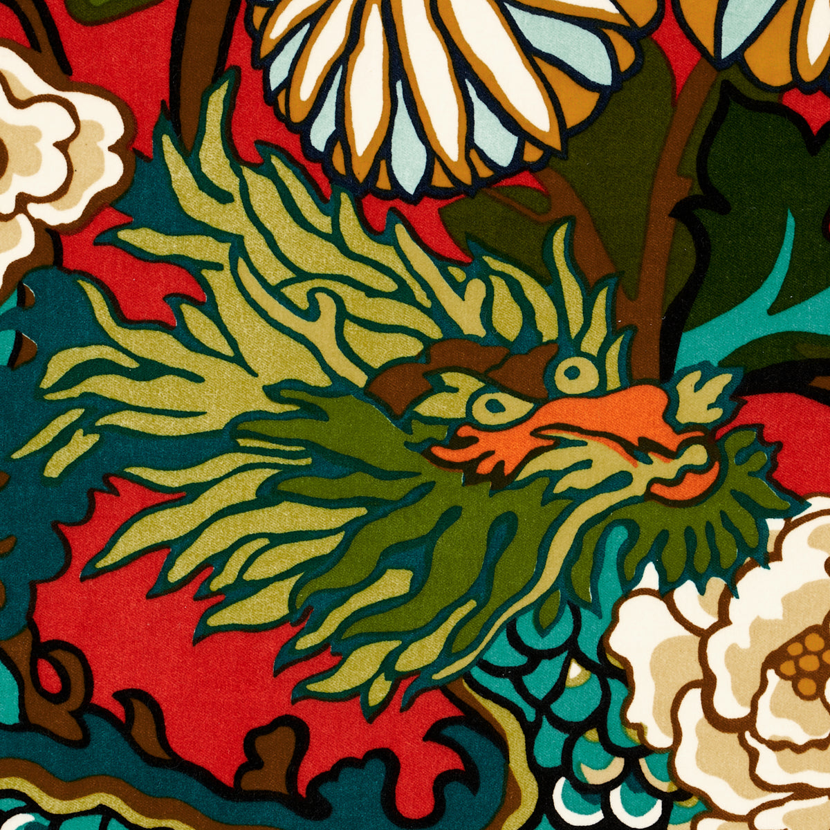 Colorful dragon and floral textile print on red background; bold decorative fabric.