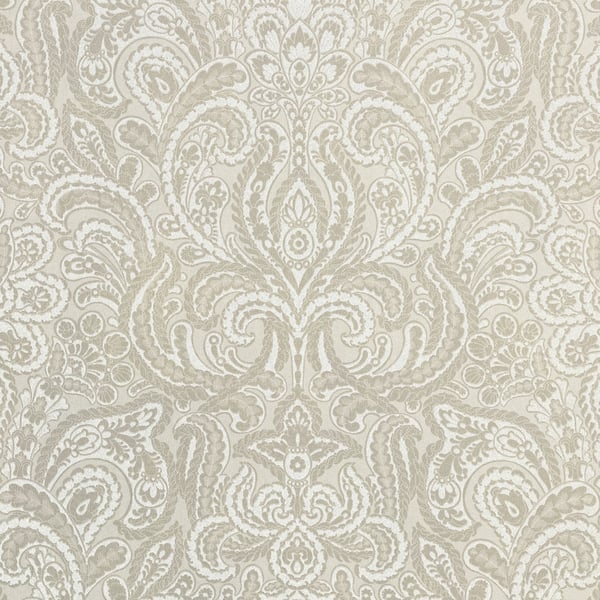 Beige damask wallpaper with cream scrollwork, ornate floral motif; classic vintage wall decor.