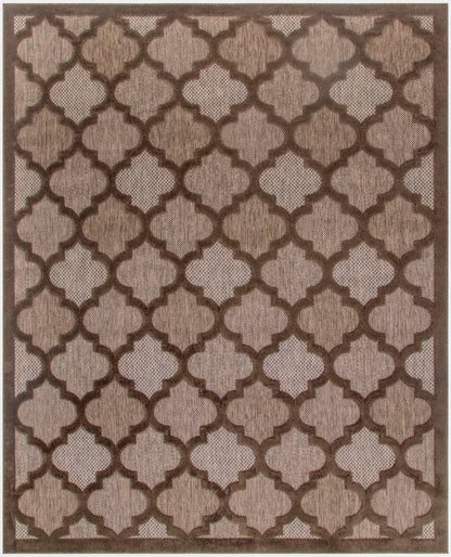 Brown & beige geometric trellis rug with repeated quatrefoil pattern & dark border.