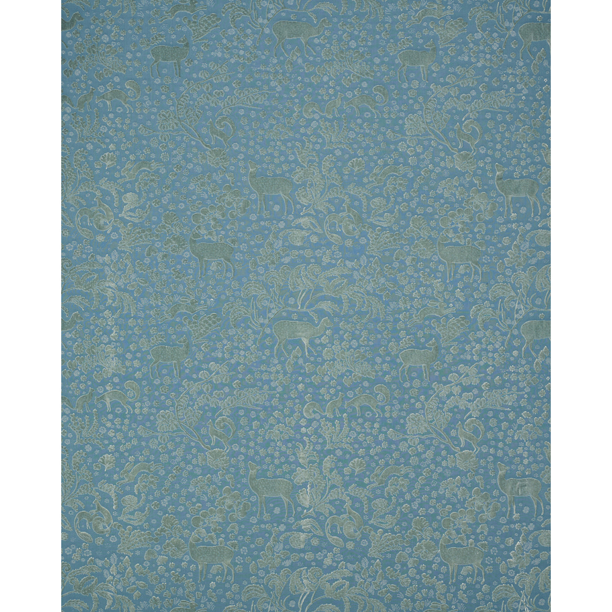 Slate blue velvet with a damask pattern and subtle gold deer and floral motifs.