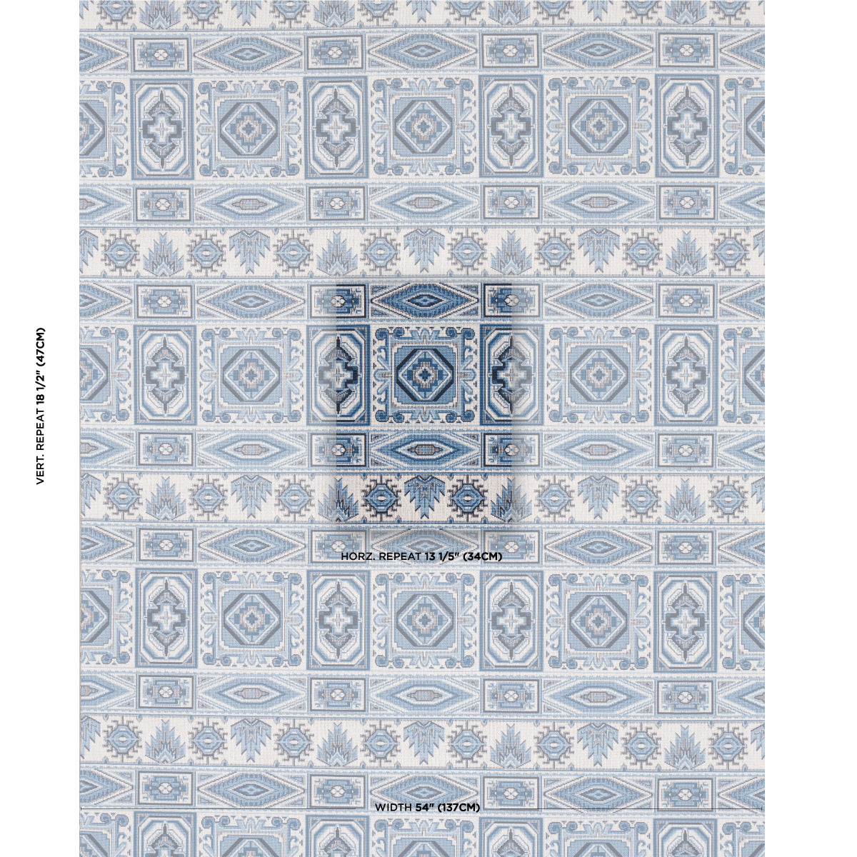 Blue & white geometric pattern on woven velvet fabric, featuring repeating square medallions & ornate borders.