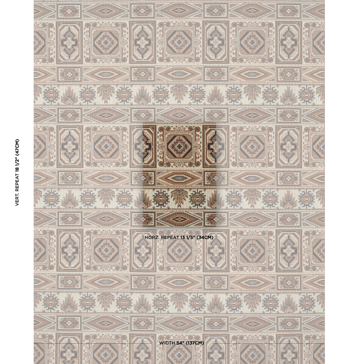 Beige tribal kilim rug with geometric medallions in taupe and ivory; distressed flat-weave design.