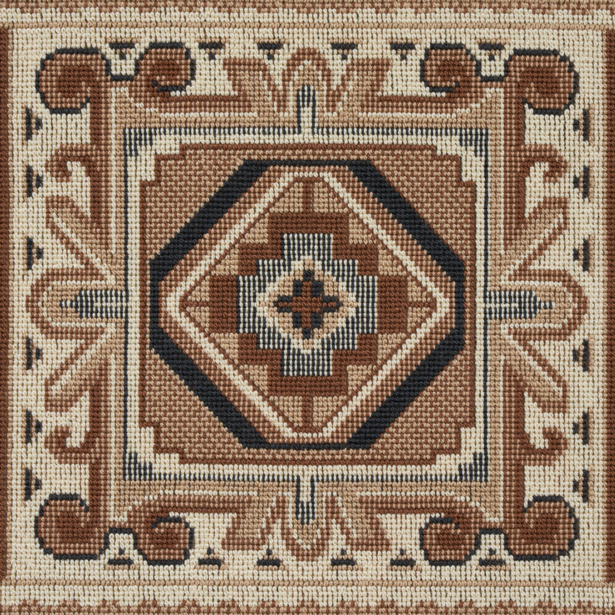 Southwestern-style woven rug with central diamond medallion in brown, cream and navy, ornate border.